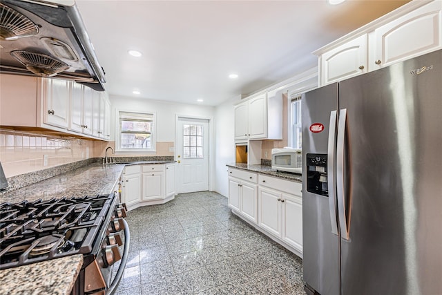 42-51247THST 247th St, Little Neck, NY 11363 - kitchen with appliances with stainless steel finishes, extractor fan, decorative backsplash, white cabinetry, and recessed lighting