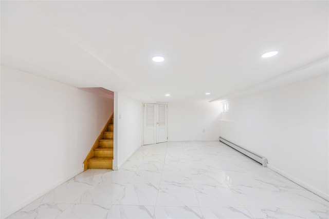 42-51247THST 247th St, Little Neck, NY 11363 - finished basement featuring a baseboard radiator, stairs, recessed lighting, light marble finish flooring, and baseboards