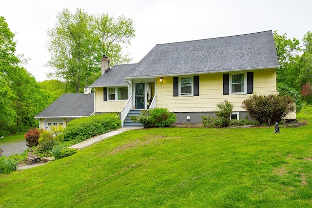136 Foggintown Rd, Brewster, NY 10509 - view of front facade with a chimney, a front lawn, roof with shingles, and driveway