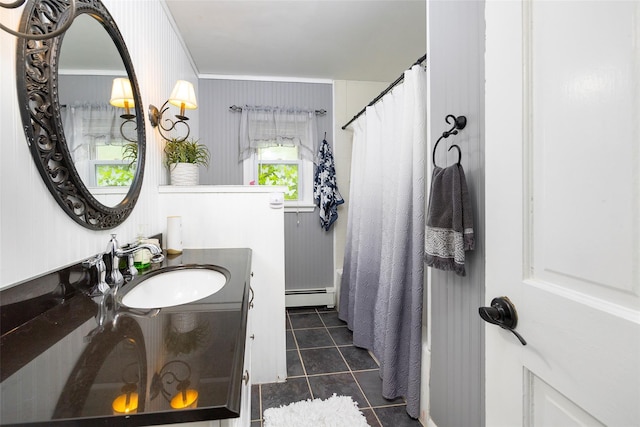 136 Foggintown Rd, Brewster, NY 10509 - bathroom with a baseboard heating unit, tile patterned floors, vanity, and curtained shower
