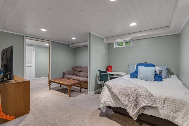 bedroom featuring carpet flooring, recessed lighting, wooden ceiling, and baseboards