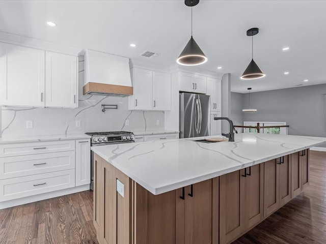 7 Pal Way, Plainview, NY 11803 - kitchen with appliances with stainless steel finishes, custom range hood, a sink, dark wood-style floors, and white cabinets