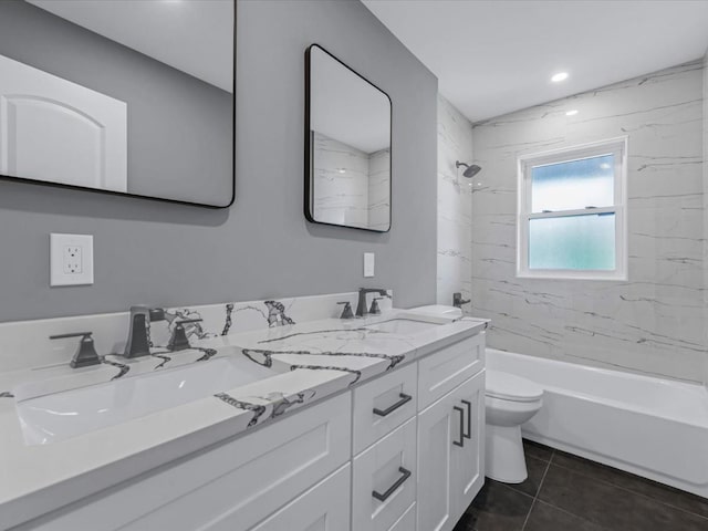 7 Pal Way, Plainview, NY 11803 - full bath featuring toilet, tile patterned floors, shower / bathtub combination, and double vanity