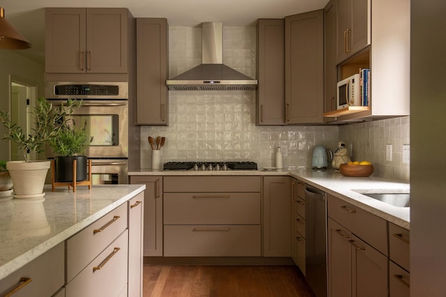 89 Stillerberg Strada, Kerhonkson, NY 12446 - kitchen featuring wall chimney exhaust hood, gray cabinets, stainless steel appliances, wood finished floors, and backsplash