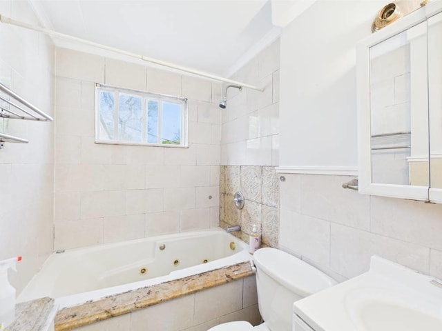 95 State Ave, Wyandanch, NY 11798 - full bath with tile walls, a combined bath / shower with jetted tub, toilet, and vanity