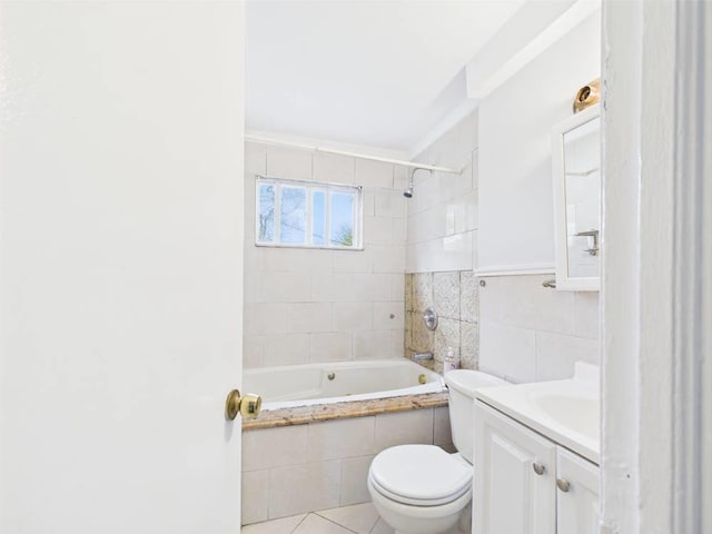 95 State Ave, Wyandanch, NY 11798 - bathroom featuring toilet, tile walls, vanity, tiled shower / bath combo, and ornamental molding