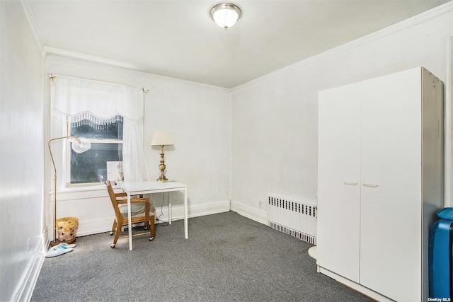 home office featuring radiator, crown molding, dark carpet, and baseboards