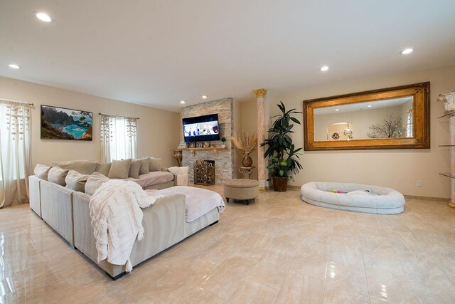 16 Kukas Rd, Monticello, NY 12701 - living room featuring a stone fireplace and recessed lighting