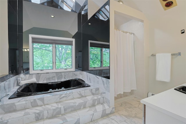 14 Cross Rd, Cortlandt Manor, NY 10567 - bathroom featuring plenty of natural light, a bath, a shower with shower curtain, and marble finish flooring