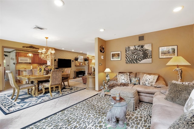 5 Oak Brook Ln, Merrick, NY 11566 - living room featuring a chandelier, recessed lighting, and a fireplace