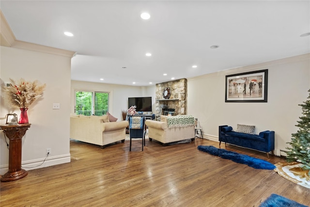 96 Warren St, Somers, NY 10589 - living room featuring ornamental molding, wood finished floors, baseboards, a fireplace, and recessed lighting
