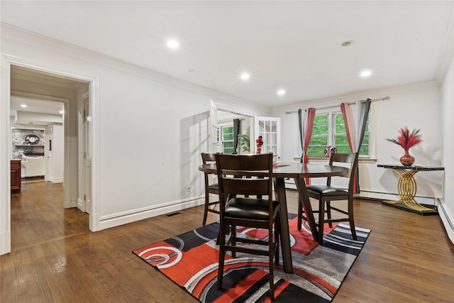 96 Warren St, Somers, NY 10589 - dining room featuring ornamental molding, dark wood-style floors, recessed lighting, and baseboards