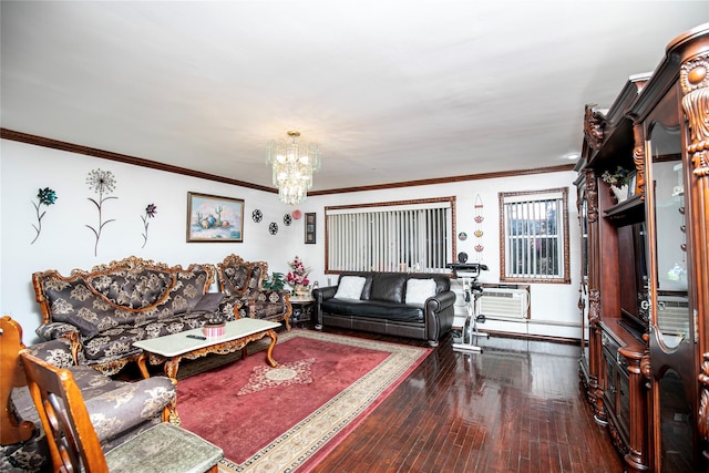 10124 78th St, Ozone Park, NY 11416 - living room with a chandelier, dark wood-style floors, baseboard heating, crown molding, and baseboards