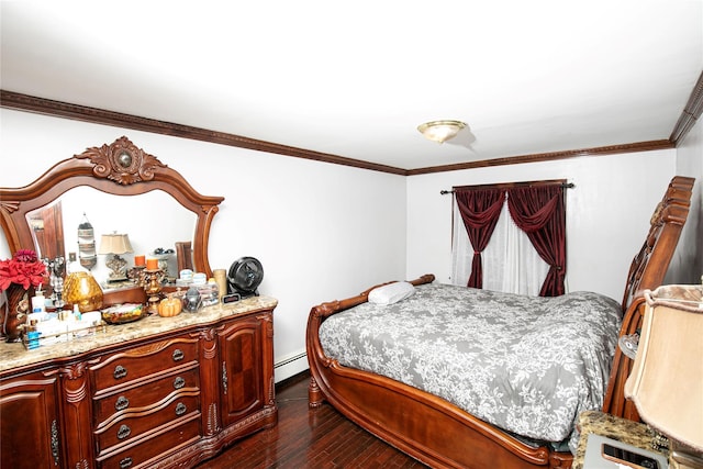 10124 78th St, Ozone Park, NY 11416 - bedroom featuring baseboard heating, dark wood-style floors, and crown molding