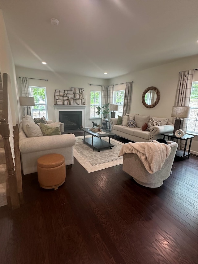 39 Hackensack Heights Rd, Wappingers Falls, NY 12590 - living area featuring dark wood-style floors, healthy amount of natural light, a glass covered fireplace, and recessed lighting