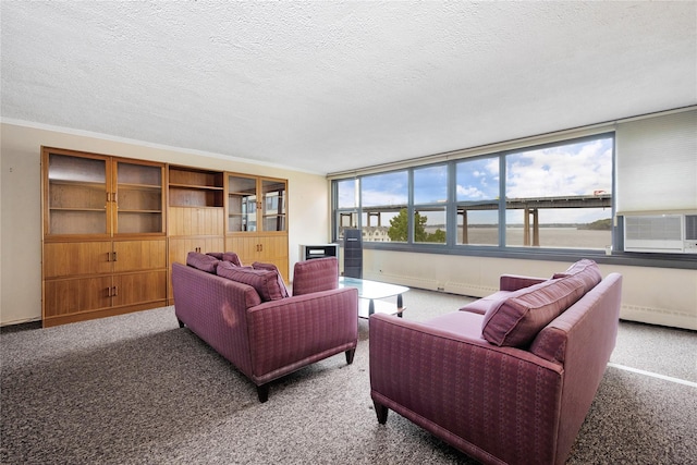 living area with carpet flooring, a textured ceiling, ornamental molding, cooling unit, and a baseboard radiator