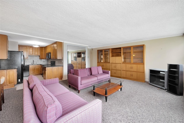 living area with light colored carpet and a textured ceiling