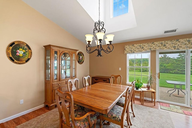 43 Summerfield Ln N Unit 43, Aquebogue, NY 11901 - dining space featuring a chandelier, wood finished floors, baseboards, and high vaulted ceiling