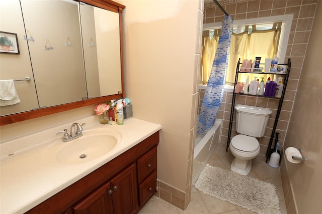4 Rosemont Dr, New City, NY 10956 - full bath with vanity, toilet, tile walls, shower / bathtub combination with curtain, and tile patterned floors
