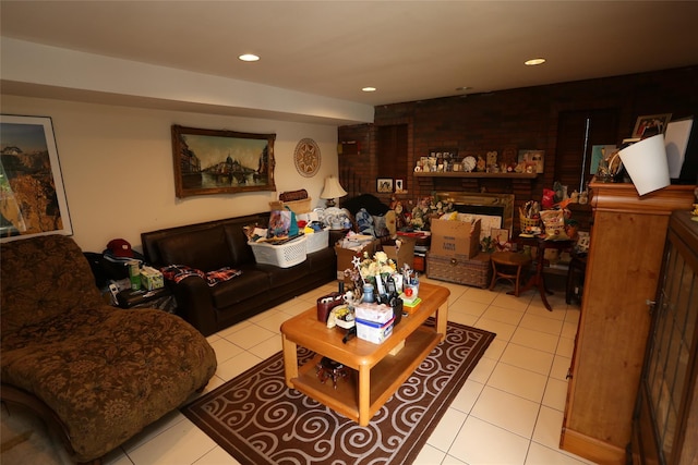 4 Rosemont Dr, New City, NY 10956 - tiled living room featuring a brick fireplace and recessed lighting