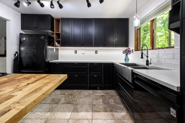 3 Hilltop Rd, Poughkeepsie, NY 12601 - kitchen with black appliances, backsplash, dark cabinetry, open shelves, and a sink