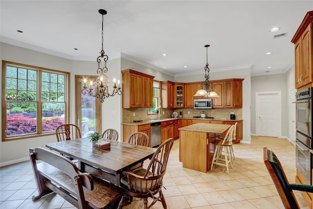 12 Mill River Rd, Setauket, NY 11733 - dining area featuring a chandelier, light tile patterned floors, baseboards, recessed lighting, and crown molding