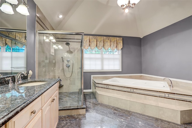 12 Mill River Rd, Setauket, NY 11733 - full bath with a bath, vanity, a stall shower, marble tiled floors, and lofted ceiling