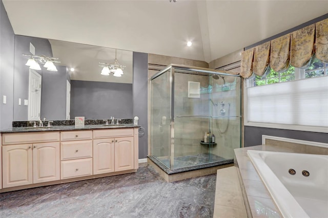 12 Mill River Rd, Setauket, NY 11733 - full bathroom featuring a stall shower, double vanity, a tub with jets, a chandelier, and marble finish flooring