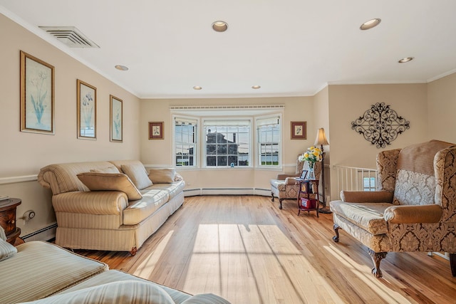 146 Awixa Ave, Bay Shore, NY 11706 - living area with light wood-style flooring, a baseboard radiator, crown molding, and recessed lighting