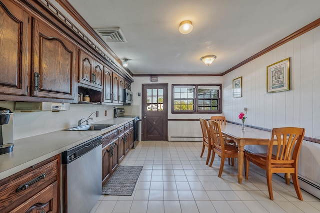 146 Awixa Ave, Bay Shore, NY 11706 - kitchen with stainless steel appliances, a sink, crown molding, baseboard heating, and dark brown cabinets