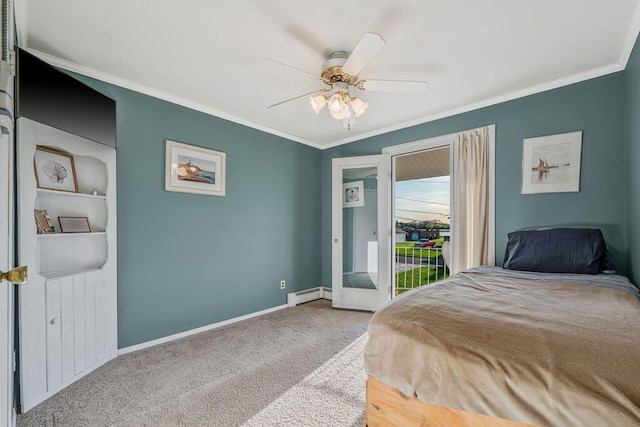 146 Awixa Ave, Bay Shore, NY 11706 - carpeted bedroom with a baseboard heating unit, access to exterior, ornamental molding, baseboards, and a ceiling fan