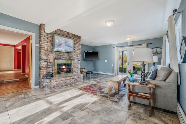 146 Awixa Ave, Bay Shore, NY 11706 - living room with a baseboard heating unit, a fireplace, french doors, baseboards, and beam ceiling