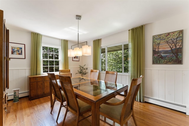 50 Burnside Dr, Hastings-On-Hudson, NY 10706 - dining space with wainscoting, healthy amount of natural light, light wood-type flooring, and a baseboard heating unit