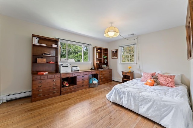 50 Burnside Dr, Hastings-On-Hudson, NY 10706 - bedroom with a baseboard heating unit, light wood finished floors, multiple windows, and a baseboard radiator