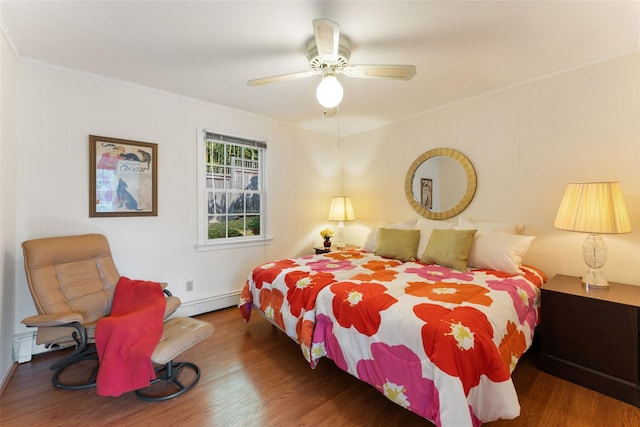 50 Burnside Dr, Hastings-On-Hudson, NY 10706 - bedroom with wood finished floors, baseboard heating, crown molding, and a ceiling fan