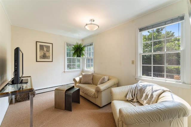 50 Burnside Dr, Hastings-On-Hudson, NY 10706 - living area with a baseboard radiator, carpet flooring, and crown molding