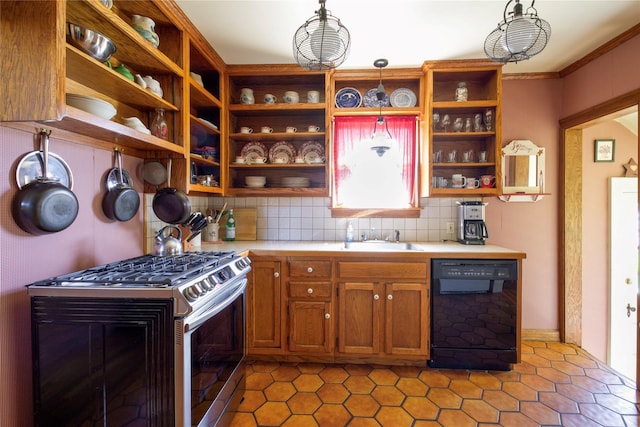 kitchen with dishwasher, open shelves, stainless steel gas range, tile counters, and a sink
