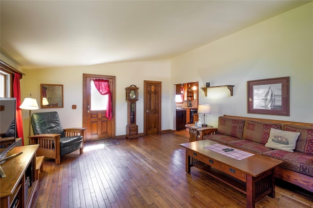 living area with vaulted ceiling and hardwood / wood-style flooring