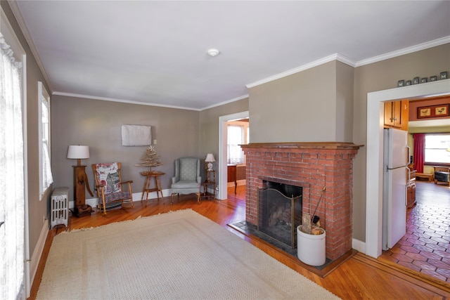living area with a brick fireplace, plenty of natural light, ornamental molding, and baseboards