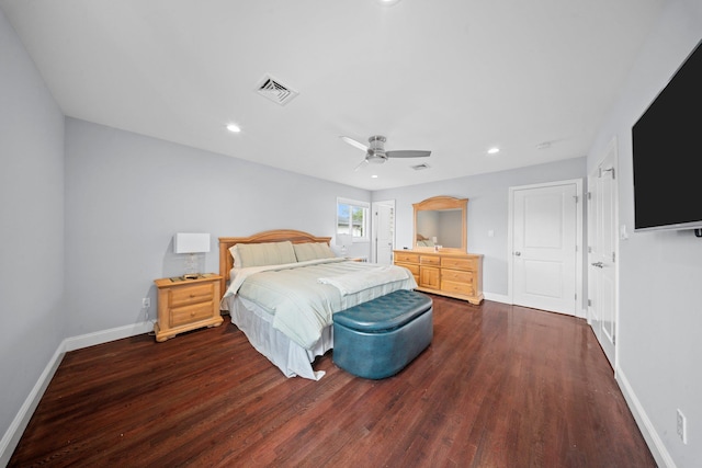 3161 Grand Ave, Baldwin Harbor, NY 11510 - bedroom featuring dark wood finished floors, baseboards, recessed lighting, and a ceiling fan