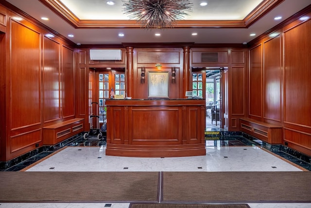 101 Old Mamaroneck Rd Unit 1B1, White Plains, NY 10605 - home office featuring crown molding, a decorative wall, dark marble finish flooring, french doors, and inlaid floor details