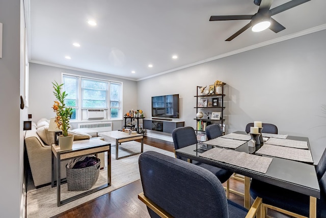 101 Old Mamaroneck Rd Unit 1B1, White Plains, NY 10605 - living area with dark wood-style floors, crown molding, radiator, ceiling fan, and recessed lighting