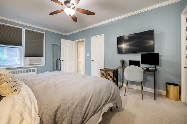 101 Old Mamaroneck Rd Unit 1B1, White Plains, NY 10605 - bedroom with light carpet, ornamental molding, baseboards, radiator, and a ceiling fan