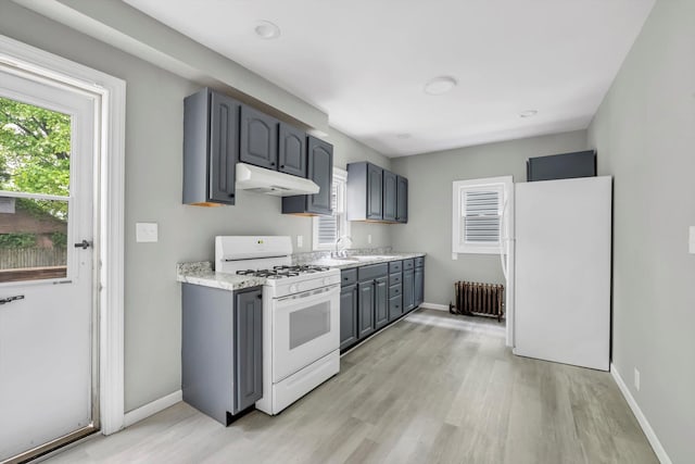 kitchen featuring white appliances, radiator, under cabinet range hood, light wood-style floors, and a sink