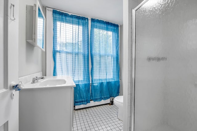 bathroom featuring tile patterned flooring, a shower stall, vanity, and toilet