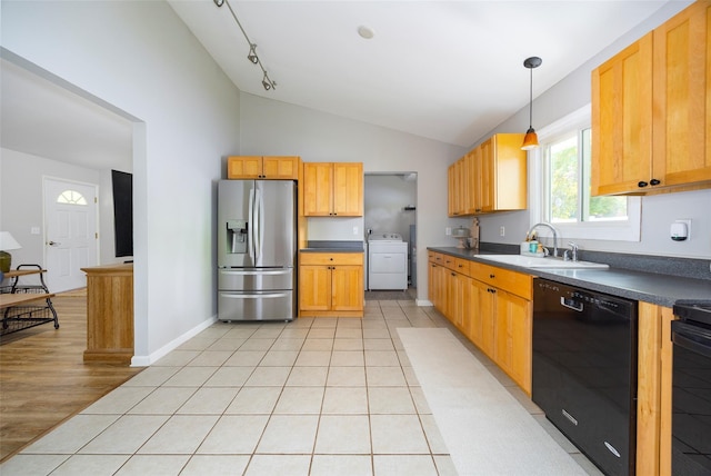 2 Princeton St, Red Hook, NY 12571 - kitchen with stainless steel refrigerator with ice dispenser, dishwasher, washer / clothes dryer, a sink, and dark countertops
