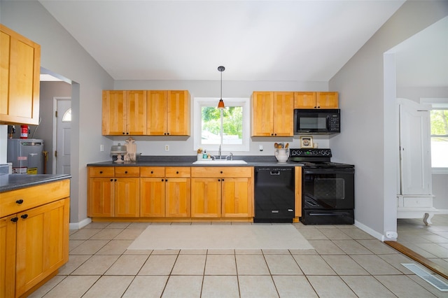 2 Princeton St, Red Hook, NY 12571 - kitchen featuring black appliances, a sink, lofted ceiling, dark countertops, and light tile patterned floors
