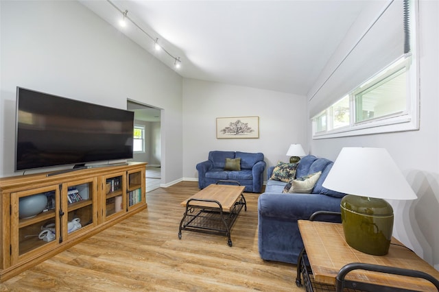 2 Princeton St, Red Hook, NY 12571 - living area with lofted ceiling, track lighting, light wood-type flooring, and baseboards