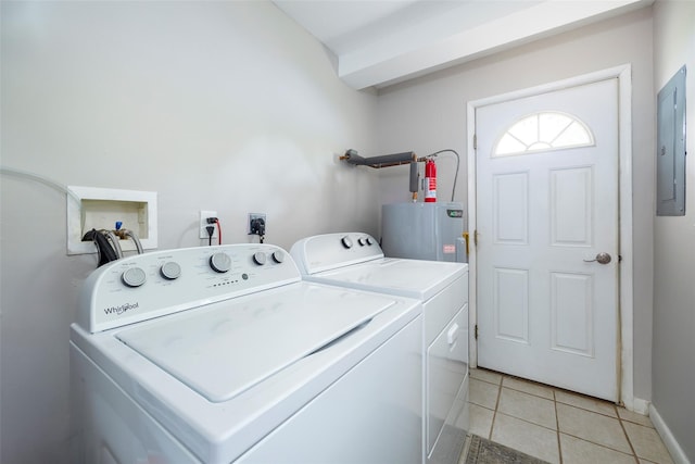 2 Princeton St, Red Hook, NY 12571 - laundry room featuring water heater, electric panel, washer and dryer, light tile patterned floors, and baseboards