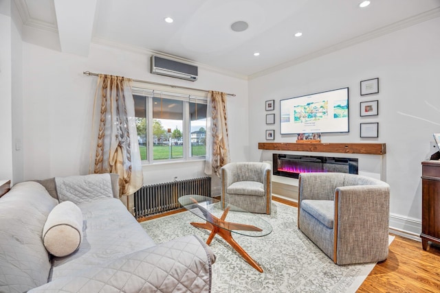 1 3rd Pl, Bellmore, NY 11710 - living area with radiator heating unit, a wall mounted air conditioner, ornamental molding, recessed lighting, and wood finished floors